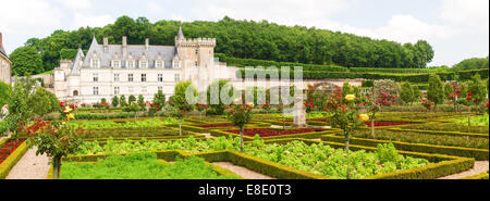 Villandry, Frankreich - 9. Juni 2014: Château et Jardins de Villandry. Ansicht des Teil des Schlosses und des Gartens des Parks. Stockfoto