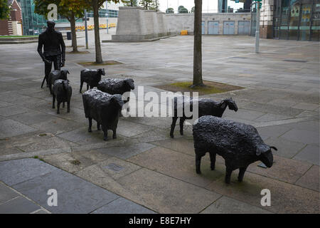 Schafe auf der Straße Bronzeskulptur von Deborah Brown im Stadtzentrum von Belfast Stockfoto