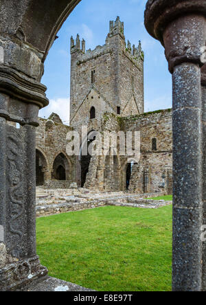 Blick vom Kreuzgang in Jerpoint Abbey, Thomastown, Grafschaft Kilkenny, Irland Stockfoto