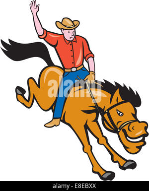 Illustration von Rodeo Cowboy Reiten unruhiges Pferd Wildpferd auf isolierten weißen Hintergrund im Cartoon-Stil gemacht. Stockfoto