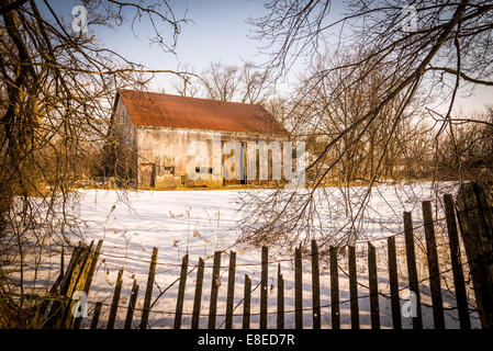 Eine alte Scheune leuchtet in der Sonne im Schnee bedeckt Feld. Stockfoto