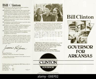 Clintons 1982 Wiederwahl Kampagne einseitiges Flugblatt für Gouverneur von Arkansas Stockfoto