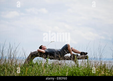 Junge Erwachsene Entspannung in der Natur und friedlich auf einem Baum liegend Stockfoto