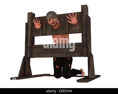 Gefangener mit Kopf und Händen zurückhaltend im Pranger isoliert auf weiss Stockfoto