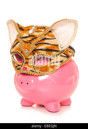 Piggy Bank tragen Tiger Maskerade Maske Ausschnitt Stockfoto