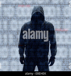 Hacker in Silhouette und binäre Codes Hintergrund Stockfoto