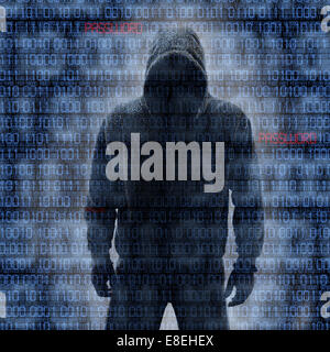 Hacker in Silhouette und binäre Codes Hintergrund Stockfoto