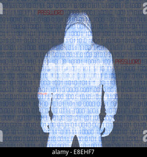 Hacker in Silhouette und binäre Codes Hintergrund Stockfoto