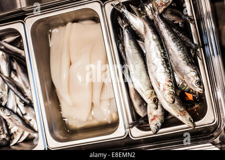 Rohe Sardinen und Tintenfisch Details in einer Schale mit einem portugiesischen restaurant Stockfoto