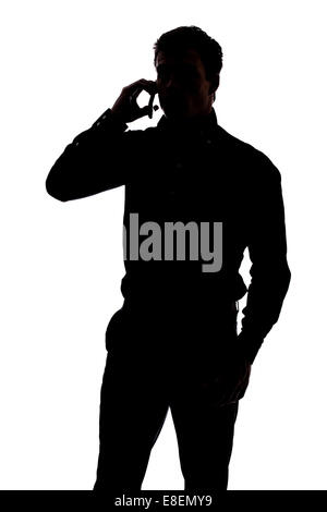Menschen reden über Handy Silhouette isoliert auf weißem Hintergrund Stockfoto