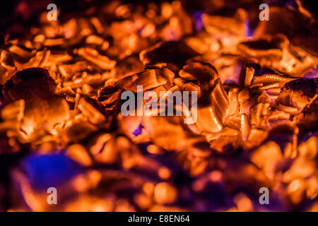 Leuchtend Orange Glut in einem Holz Herd Stockfoto