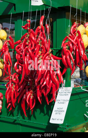 Reihe von roten Chilischoten hängen vom Marktstand, Sirmione Centre, Italien, EU Stockfoto