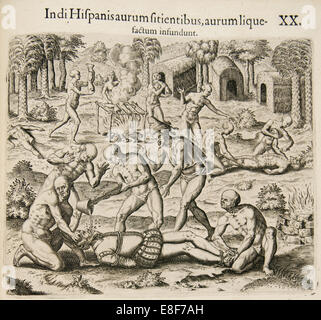 Weil die Spanische Durst nach Gold, die Inder flüssiges Gold in Sie schütten. (Aus: Americae pars qv Artist: Bry, Theodor de (1528-1598) Stockfoto