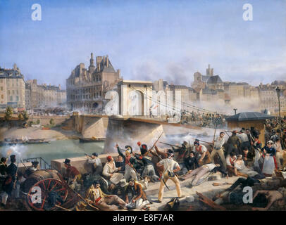 Angriff auf das Hotel de Ville und Kampf auf der Pont d'Arcole, 28. Juli 1830. Artist: Bourgeois, Amédée (1798-1837) Stockfoto