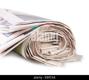 Aufgerollt, Zeitung, Isolated On White Background Stockfoto