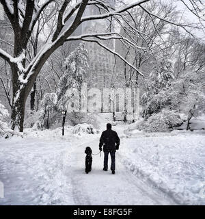 USA, New York, New York City, Mann und sein Hund, Wandern im Central Park im winter Stockfoto