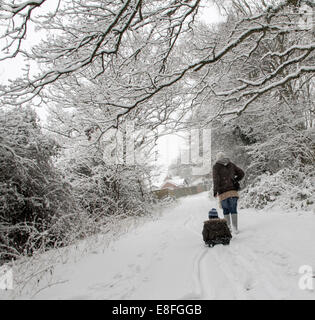 Zwei Personen auf Spaziergang im Wald im winter Stockfoto