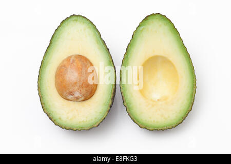 Nahaufnahme einer Avocado in zwei Hälften vor weißem Hintergrund Stockfoto