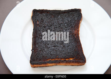 Nahaufnahme einer Scheibe verbrannter Toastbrot auf einem Teller Stockfoto