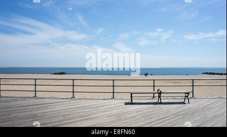 Flugzeug, das über Brighton Beach, New York State, USA fliegt Stockfoto