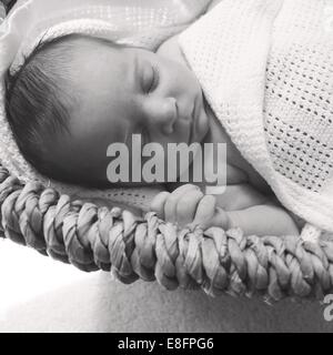 Babymädchen schlafen im Körbchen Stockfoto