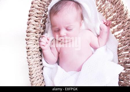 Babymädchen schlafen im Körbchen Stockfoto