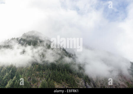 USA, Washington State, Mount-Rainier-Nationalpark, niedrige Wolken über Berggipfel Stockfoto