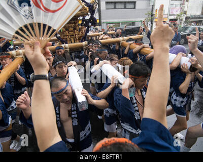 Tragen die Mikoshi Fukagawa Fetival aka Wasser werfen Festival am Tomioka Hachimangu Schrein, Tokyo, Japan statt Stockfoto