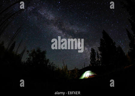 Zelt in einer ländlichen Landschaft bei Nacht, USA Stockfoto