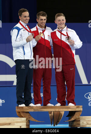 Max Whitlock (ENG) Goldmedaille, Daniel Keatings (SCO) Silbermedaille, Nile Wilson (ENG) Bronze-Medaille. Künstlerische Gymnastik-Men Al Stockfoto