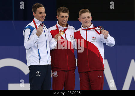 Max Whitlock (ENG) Goldmedaille, Daniel Keatings (SCO) Silbermedaille, Nile Wilson (ENG) Bronze-Medaille. Künstlerische Gymnastik-Men Al Stockfoto