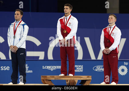 Max Whitlock (ENG) Goldmedaille, Daniel Keatings (SCO) Silbermedaille, Nile Wilson (ENG) Bronze-Medaille. Künstlerische Gymnastik-Men Al Stockfoto