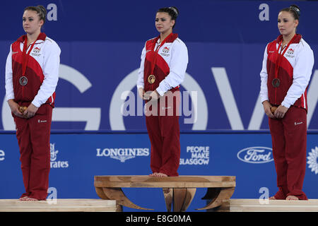 Claudia Fragapane (ENG) Goldmedaille, Ruby Harrold (ENG) Silbermedaille, Hannah Whelan (ENG) Bronze-Medaille. Künstlerische Gymnastik - Wome Stockfoto