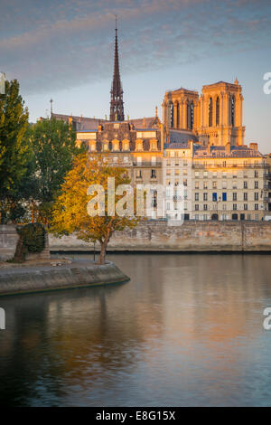Ersten Sonnenstrahlen Sonnenaufgang auf die Türme der Kathedrale Notre Dame und die Gebäude der Ile-de-la-Cité, Paris, Frankreich Stockfoto