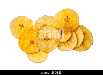 Platano Plantain Chips auf weißem Hintergrund, Nahaufnahme Stockfoto