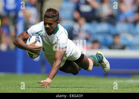 Richard Dharmapala (SRI) taucht einen Versuch zu erzielen. Sri Lanka V Barbados. -SevensIbrox Rugby-Stadion - Glasgow - Schottland, Großbritannien- Stockfoto