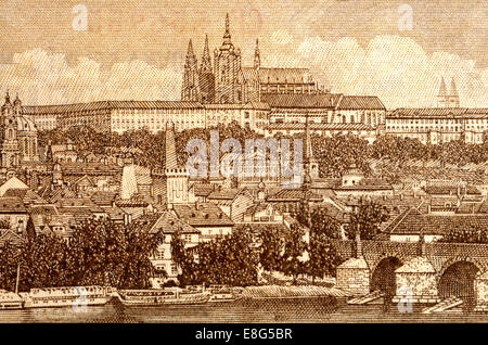 Detail aus einem 1953 tschechoslowakischen 100 Krone / Korun Banknote, die Prager Burg und die Moldau Stockfoto