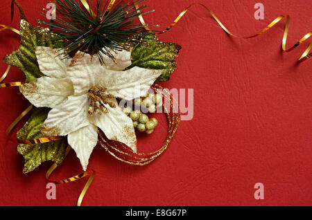 Roter Hintergrund mit Weihnachtsstern und goldenen Streamer in einer Ecke Stockfoto