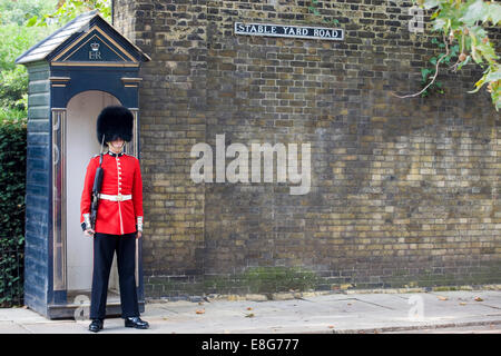 Guard steht außerhalb seines Jahrhunderts außerhalb der königlichen Residenz Clarence House Stockfoto