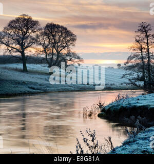 Der Fluss Derwent in Flut an Howsham in North Yorkshire, im Winter bei Sonnenuntergang. Stockfoto