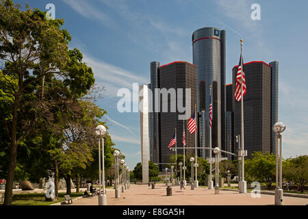 Detroit, Michigan - The Renaissance Center und General Motors Hauptsitz von Hart Plaza. Stockfoto