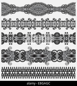 Sammlung von nahtlosen ornamentalen floralen Streifen, schwarz grau und Stockfoto
