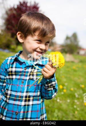 Porträt von niedlichen kaukasischen Kind Junge in der Sonne, die gemeinsamen Löwenzahn Blumenstrauß Blume in der Hand auf hellen grünen Hintergrund Stockfoto