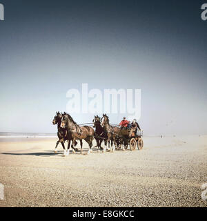 Pferde und Wagen am Strand Stockfoto