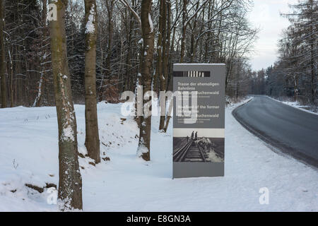 Konzentrationslager KZ Buchenwald, die ehemalige Bahntrasse im Winterwald, Info-Tafel, auf der rechten Seite die so genannte Stockfoto