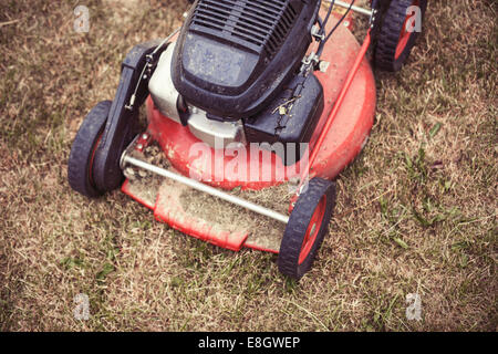 Erhöhte Ansicht der Rasenmäher auf dem Rasen Stockfoto