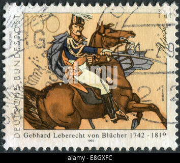 Kommandant der preußischen Armee, Gebhard Leberecht von Blücher zeigt Briefmarke gedruckt in Deutschland Stockfoto