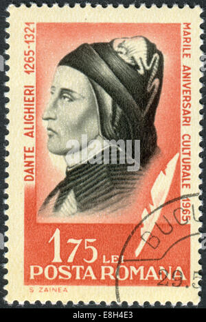 Rumänien - ca. 1965: Briefmarke gedruckt in Rumänien zeigt ein Porträt des Dante Alighieri, ca. 1965 Stockfoto
