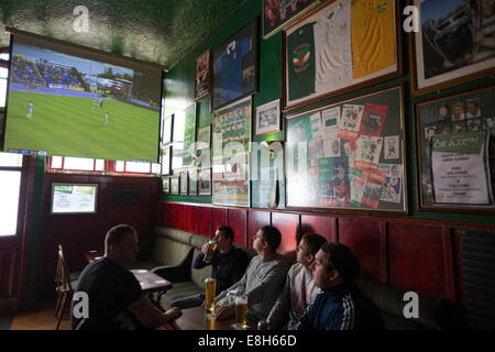 Celtic Football Club-Fans versammeln sich in The Brazen Head Bar zu einem keltischen Fußballspiel im Fernsehen, in Glasgow, Schottland zu sehen Stockfoto