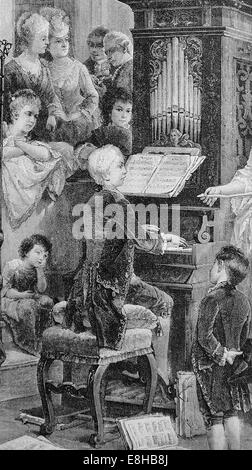 Wolfgang Amadeus Mozart (1756-1791). Komponisten der Klassik. Mozat junge Celesta zu spielen. Kupferstich, 1885.